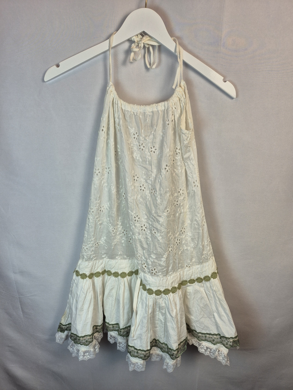 Sunday St. Tropez Cream Eyelet Dress with Olive Trim OS (Best For Sizes 6-10)